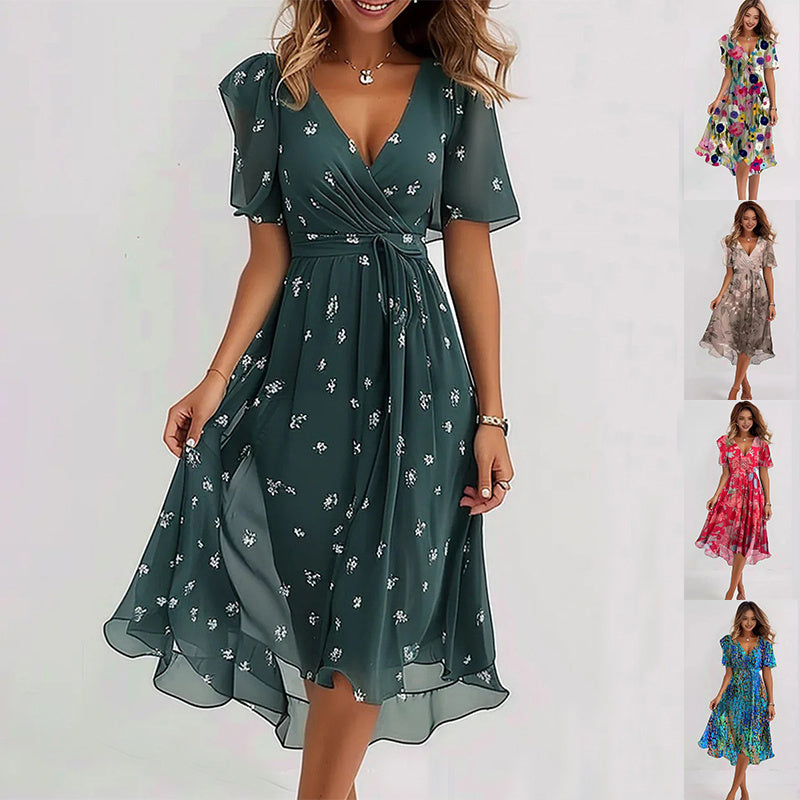 Emerald green summer dress with white ditsy floral, V-neck, short sleeves, gathered waist