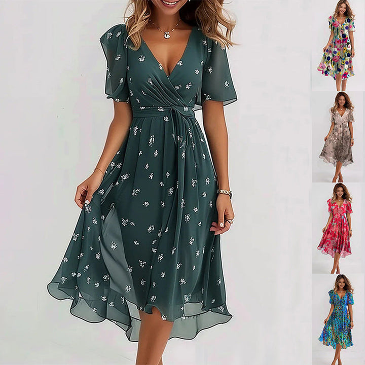 Emerald green summer dress with white ditsy floral, V-neck, short sleeves, gathered waist