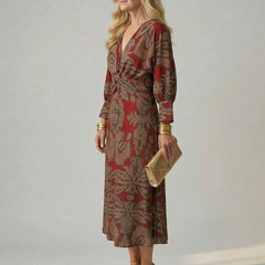 Women’s wrap midi dress in red and brown paisley print, long sleeves, V neckline, tie belt