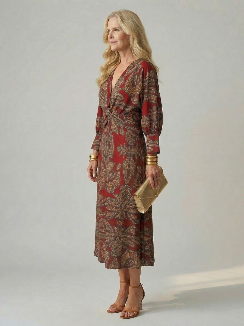 Women’s wrap midi dress in red and brown paisley print, long sleeves, V neckline, tie belt