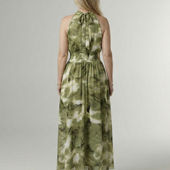 Green gathered halter midi dress with sleeveless back detail and tiered skirt.