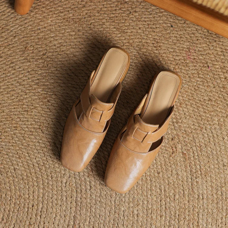 Apricot leather mules pair with crossover strap and pointed toe