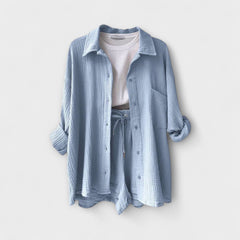 Light blue two-piece set with button-front shirt and drawstring-waist shorts