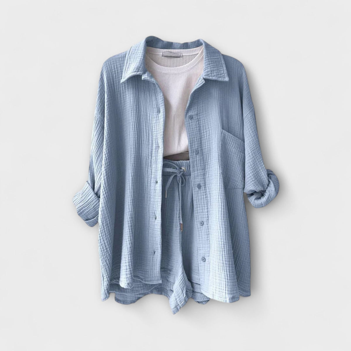 Light blue two-piece set with button-front shirt and drawstring-waist shorts