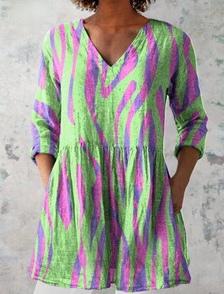 Long-sleeve v-neck blouse with multicolor vertical abstract stripes