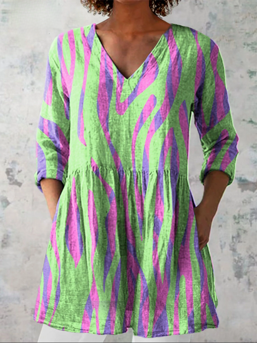 Long-sleeve v-neck blouse with multicolor vertical abstract stripes