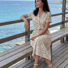 Printed button-front belted midi dress with short sleeves, off-white/tan spot pattern