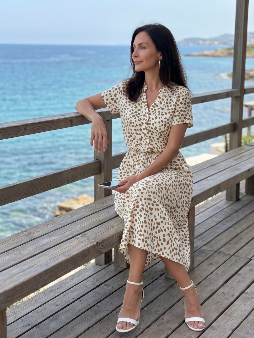 Printed button-front belted midi dress with short sleeves, off-white/tan spot pattern