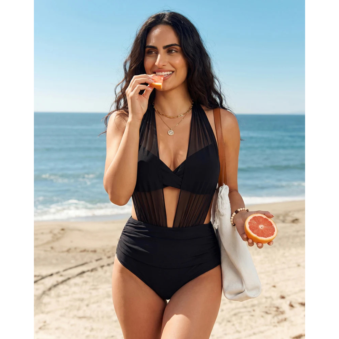 Black halter 2-in-1 tummy control bikini with mesh-like panels and high-waist bottoms