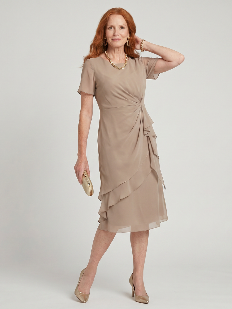 Beige midi dress with short sleeves and draped side knot, layered ruffle skirt