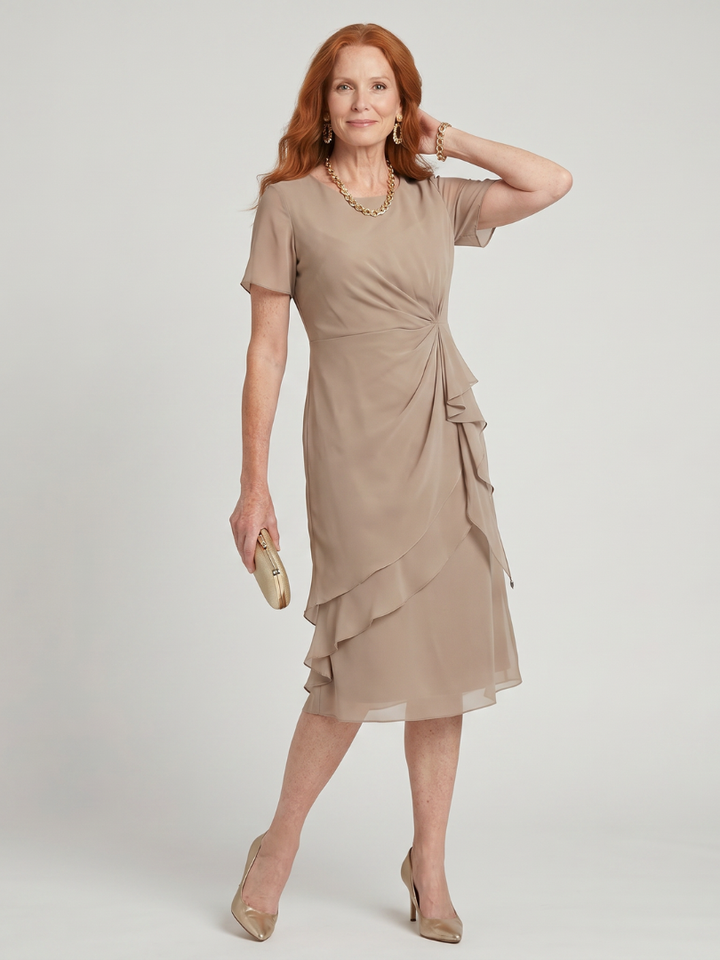 Beige midi dress with short sleeves and draped side knot, layered ruffle skirt