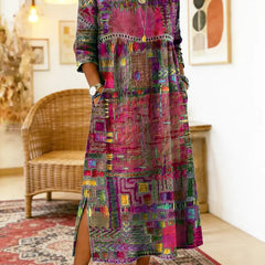 Multicolor patchwork midi dress with round neck, three-quarter sleeves, and front slit