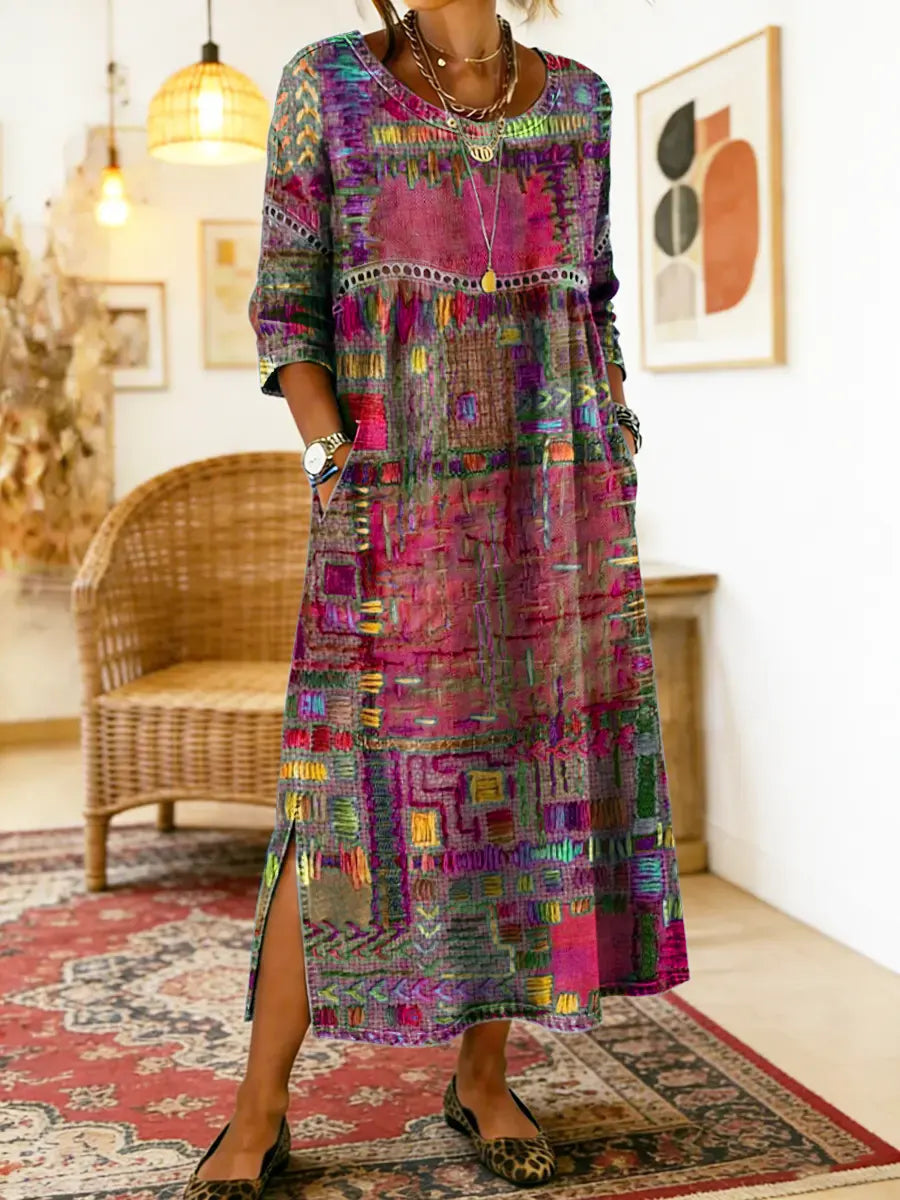 Multicolor patchwork midi dress with round neck, three-quarter sleeves, and front slit
