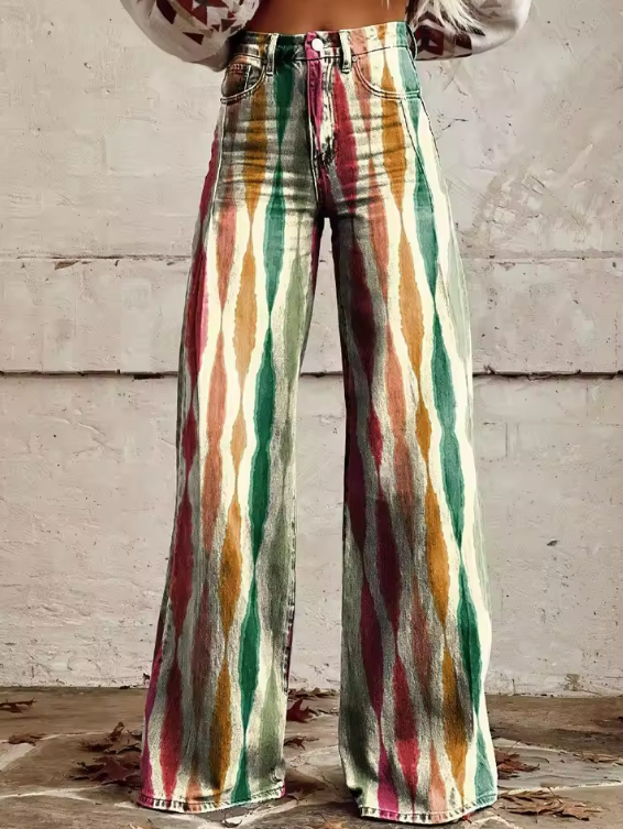 Boho vintage wide-leg jeans with multicolor vertical tie-dye stripe pattern