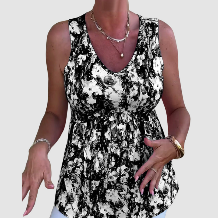 Sleeveless scoop-neck breathable top, black and white abstract print, ruched waist