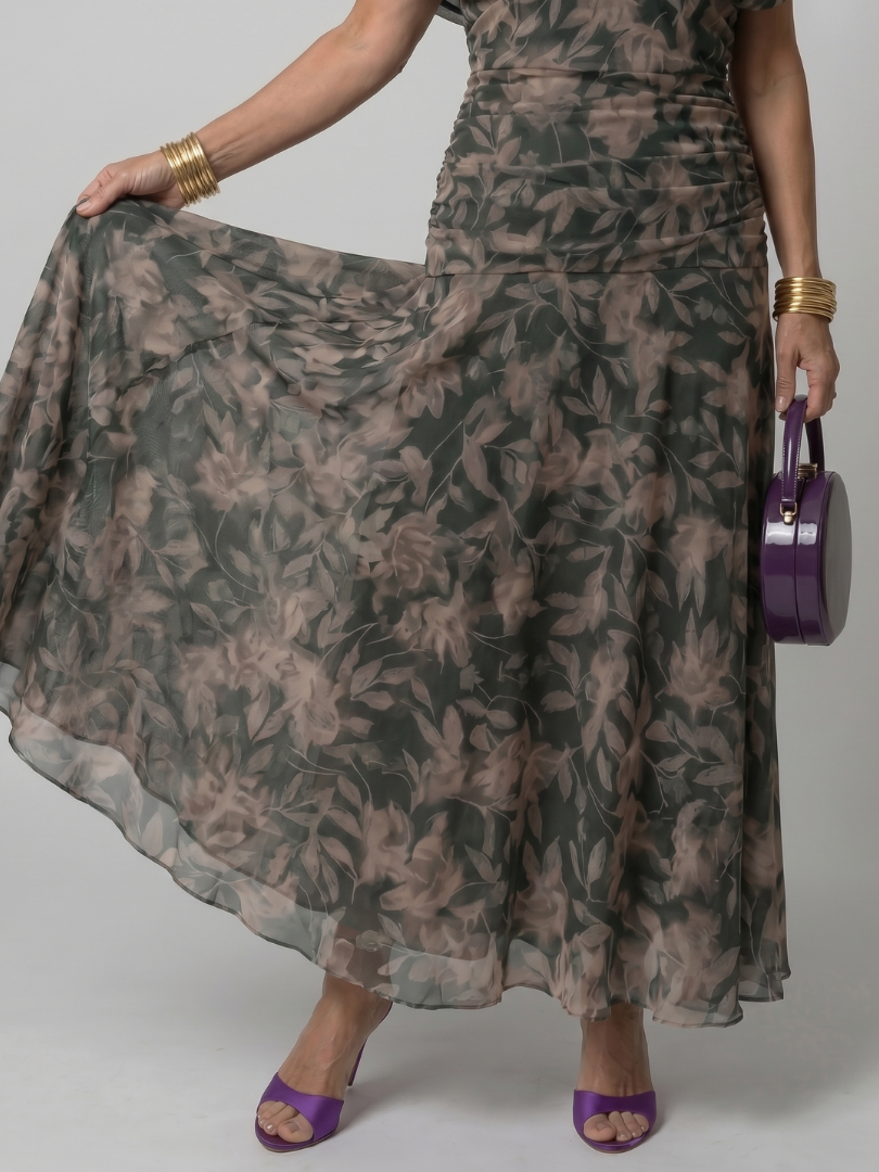 Dark green floral off-shoulder flow midi dress, close-up of flowing chiffon skirt