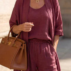 Women's elegant set in wine red: open kimono over long wide-leg pants