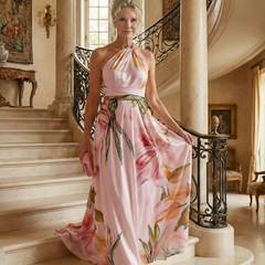 Light floral halter maxi dress with pink and green floral print, tied neckline