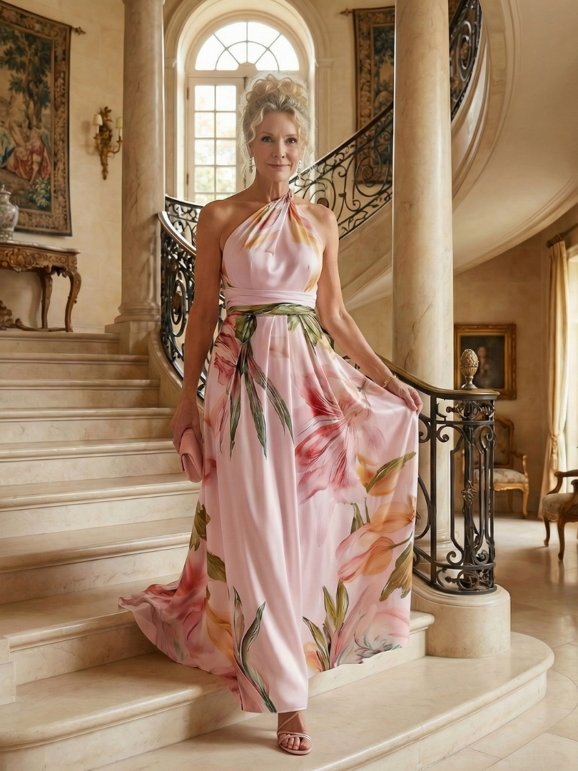 Light floral halter maxi dress with pink and green floral print, tied neckline