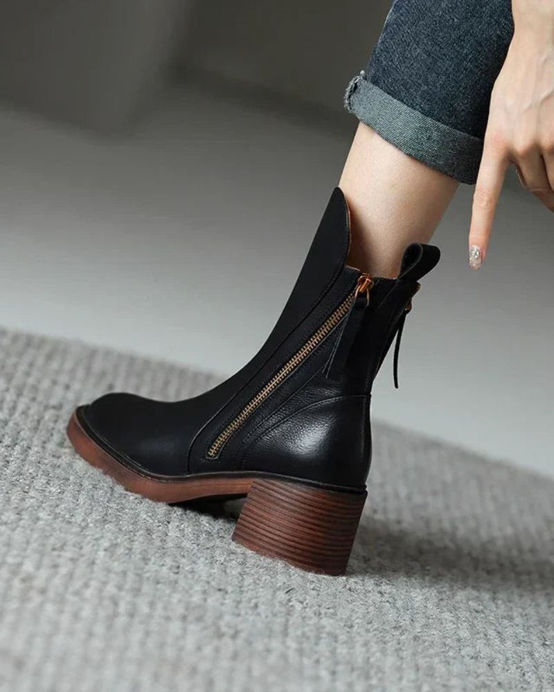 Myriam™ leather ankle boots in black, side zipper, stacked block heel