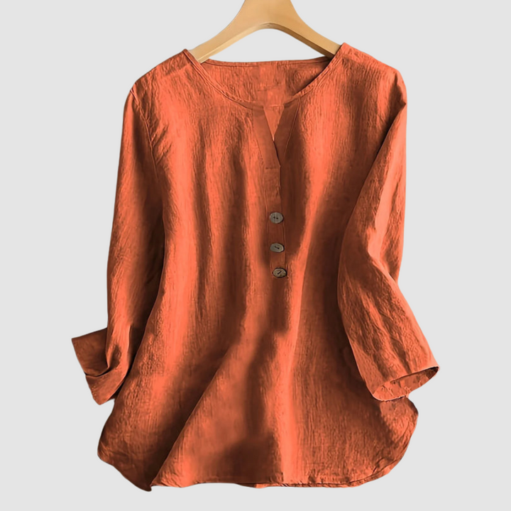 Rust cotton-linen blouse, round neckline with three-button placket and three-quarter sleeves