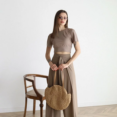 Taupe wide-leg trousers with high waist and front tie belt, wide relaxed fit