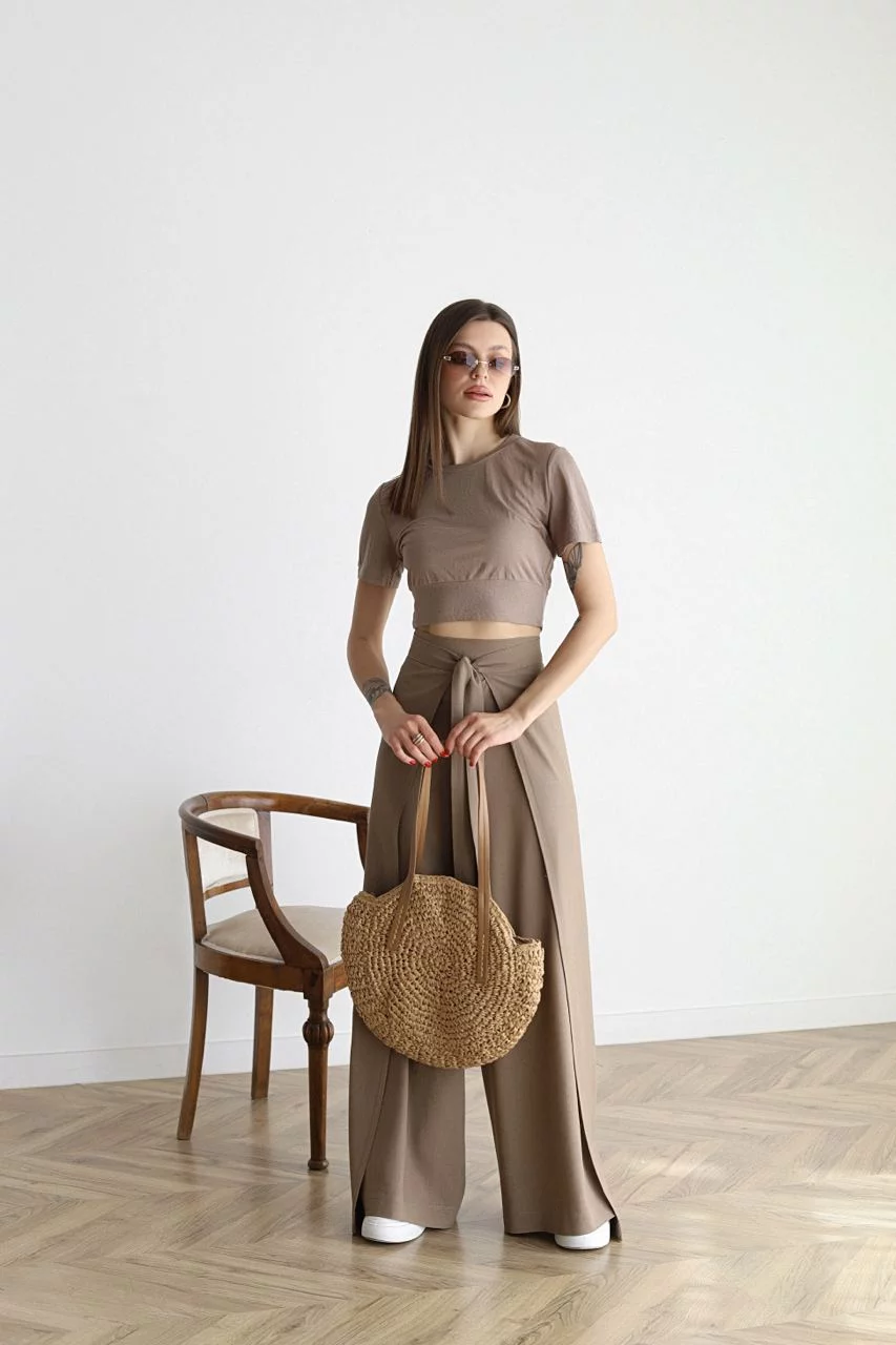 Taupe wide-leg trousers with high waist and front tie belt, wide relaxed fit