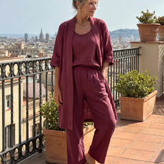 Women's elegant set in wine red: kimono top and elastic-waist wide-leg pants