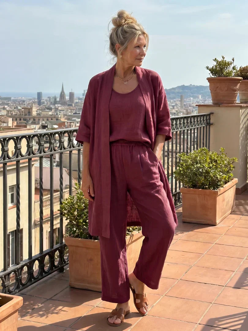 Women's elegant set in wine red: kimono top and elastic-waist wide-leg pants