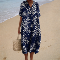 Shauna™ summer dress, navy floral print, V-neck, short sleeves, midi length