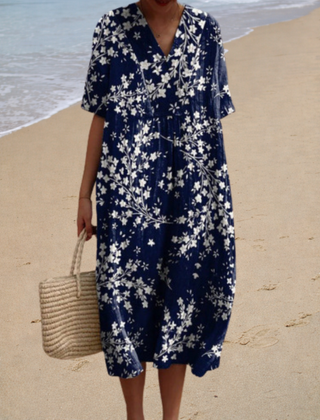 Shauna™ summer dress, navy floral print, V-neck, short sleeves, midi length