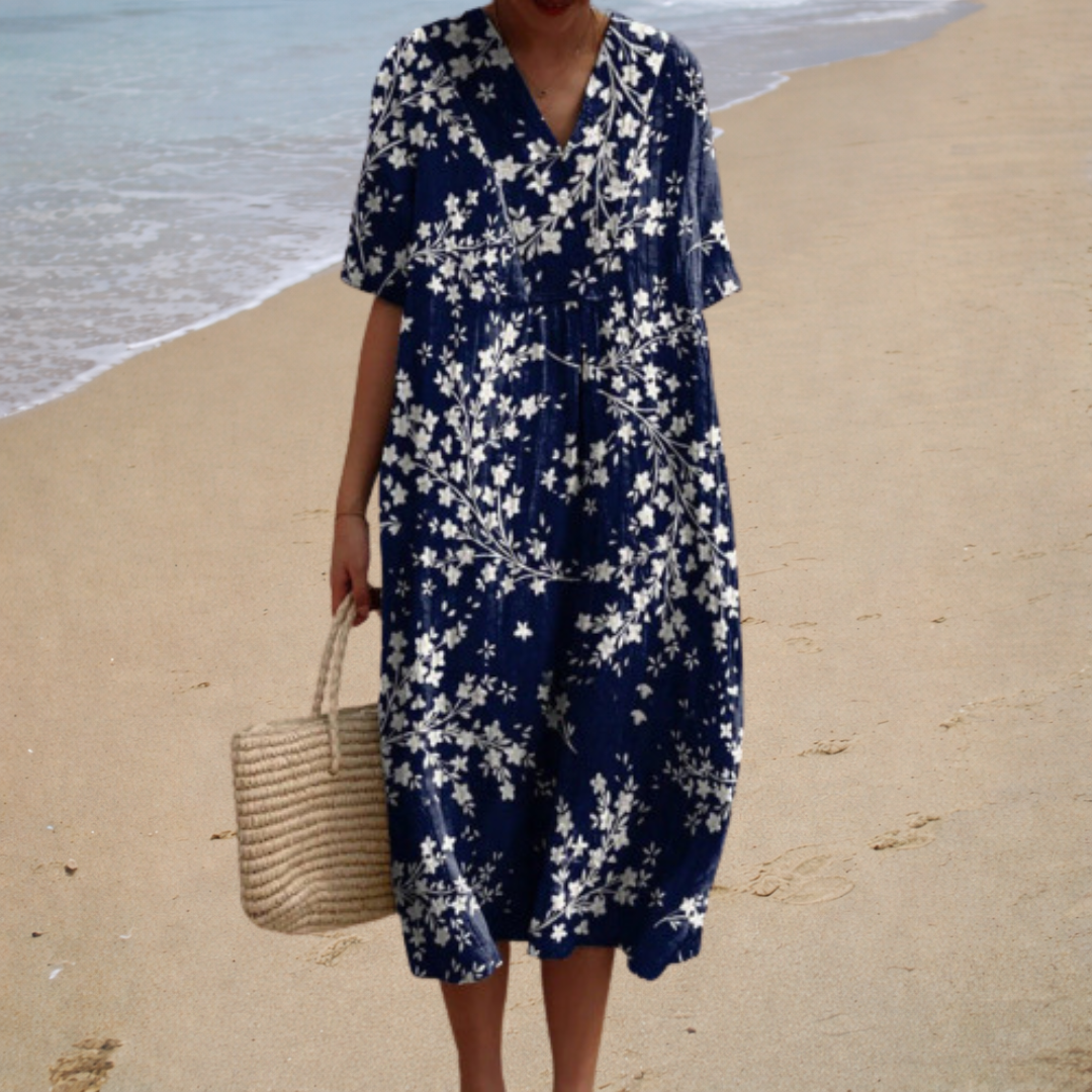 Shauna™ summer dress, navy floral print, V-neck, short sleeves, midi length