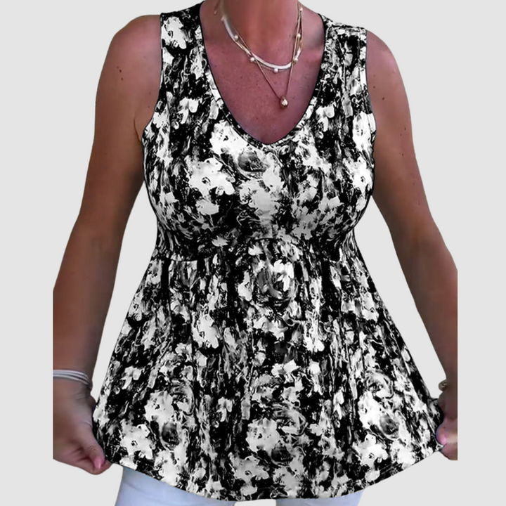 Sleeveless scoop-neck breathable top, black and white abstract print, gathered waist