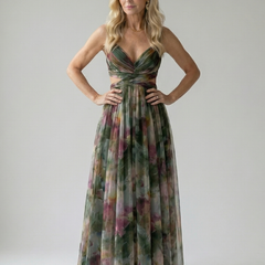 Multicolor soft wrap maxi dress with V-neck and spaghetti straps, gathered waist pleated skirt.