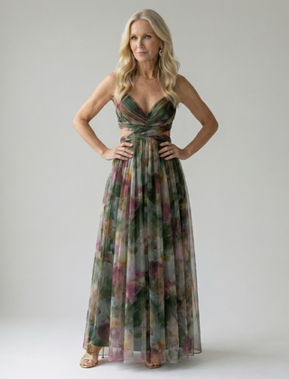 Multicolor soft wrap maxi dress with V-neck and spaghetti straps, gathered waist pleated skirt.