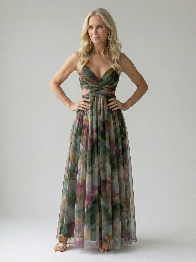 Multicolor soft wrap maxi dress with V-neck and spaghetti straps, gathered waist pleated skirt.
