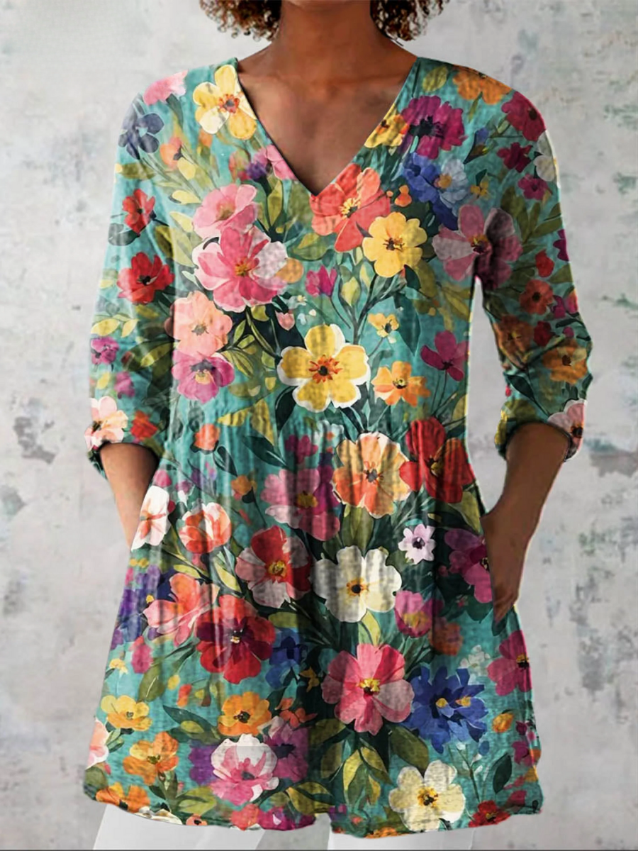 Long V-neck blouse with multicolor floral print and long sleeves