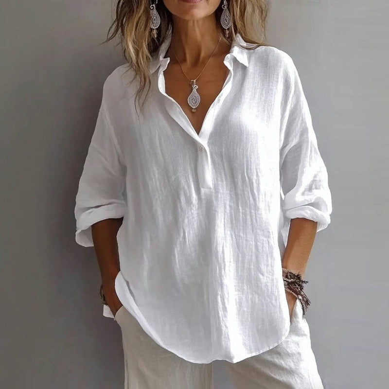 Lexi™ breathable white button-up blouse with v-neck