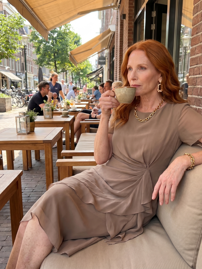 Beige midi dress with short sleeves, gathered waist drape, layered ruffle skirt