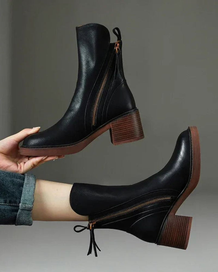 Myriam™ leather ankle boots in black, side zip, block heel, tassel pull