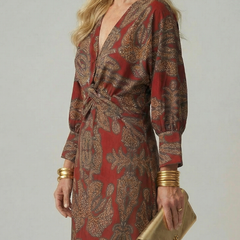 Wrap midi dress with long puff sleeves in red and gold leafy print