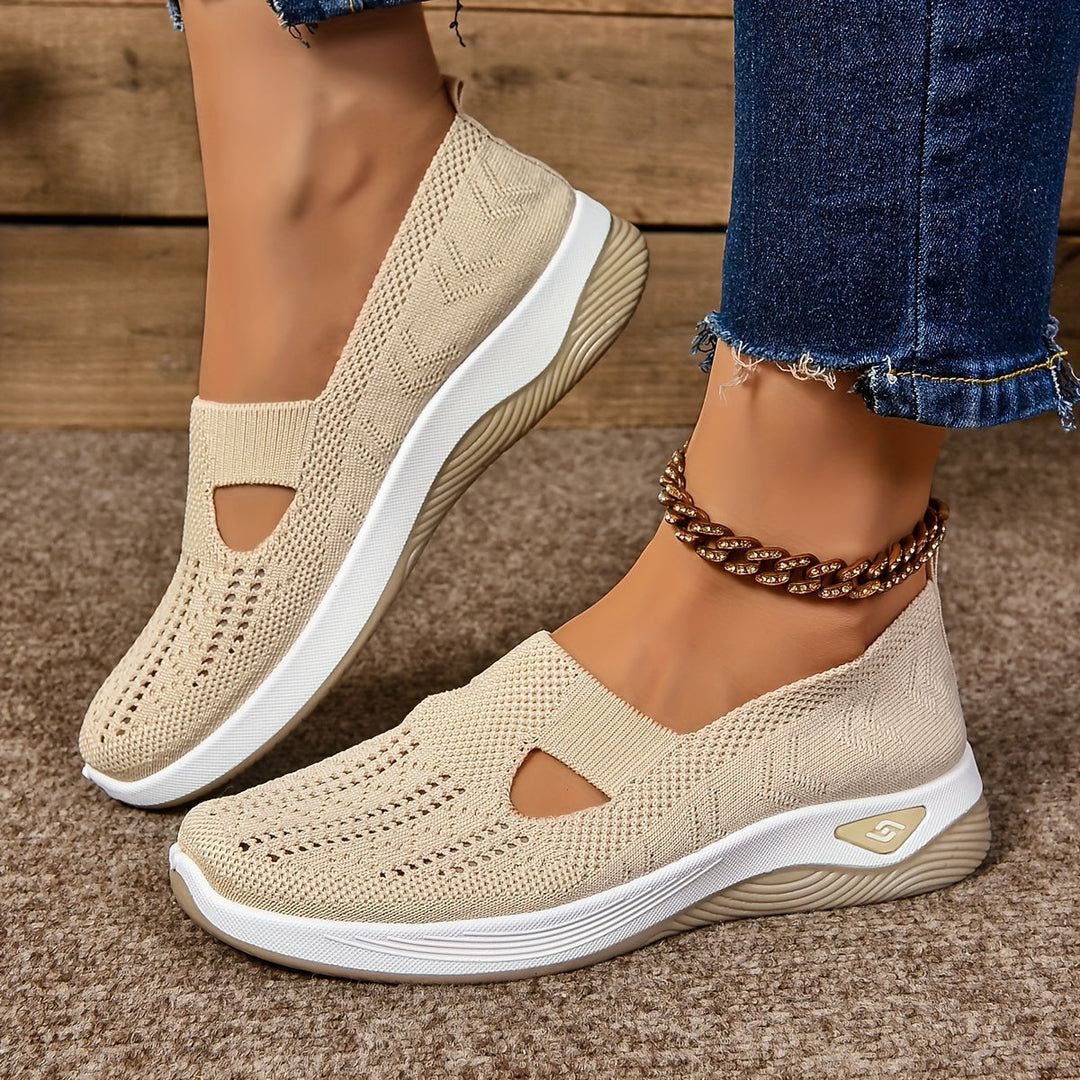 Odelia™ non-slip orthopedic shoes in cream knit, slip-on style with side cutout