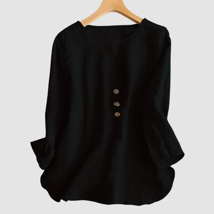 Melisa™ casual cotton-linen blouse, black back with 3/4 sleeves and yoke seam