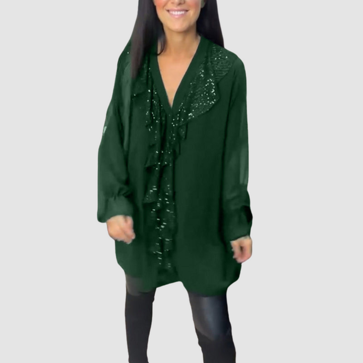 Green ruffled V-neck blouse with sequin front, long puff sleeves, tunic style