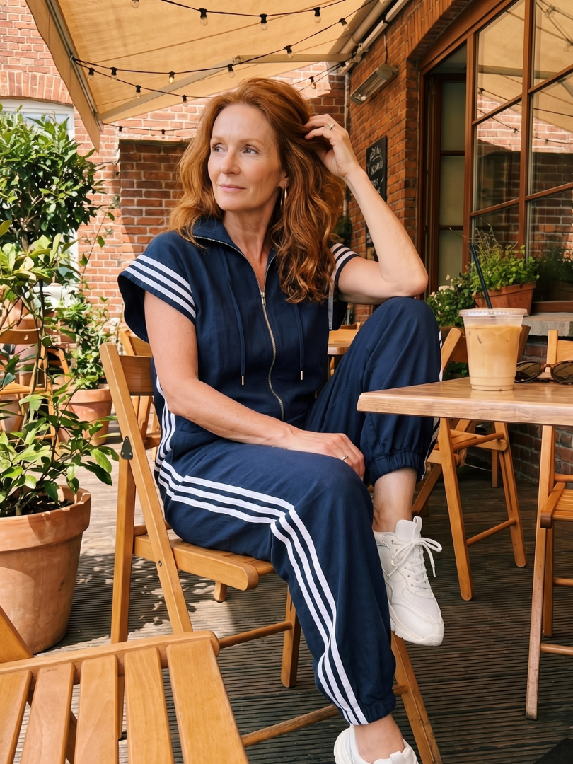 Lark stripe jumpsuit in brown with front zipper and white side stripe detail