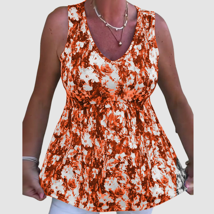 Sleeveless scoop-neck breathable top, orange and white abstract print, gathered waist