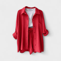 Red two-piece set with button-front shirt and drawstring-waist shorts