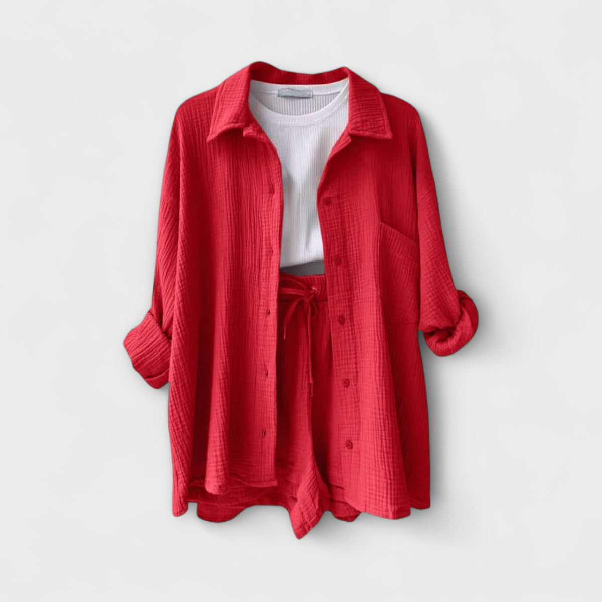 Red two-piece set with button-front shirt and drawstring-waist shorts