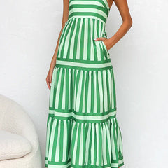 Green striped tiered maxi dress with spaghetti straps and tiered skirt