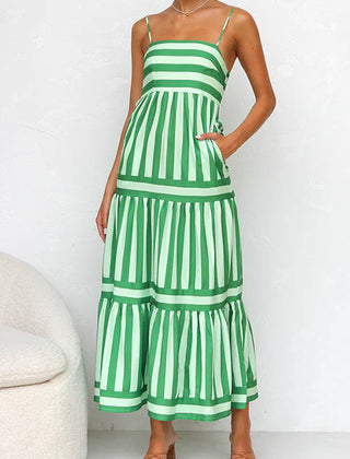 Green striped tiered maxi dress with spaghetti straps and tiered skirt